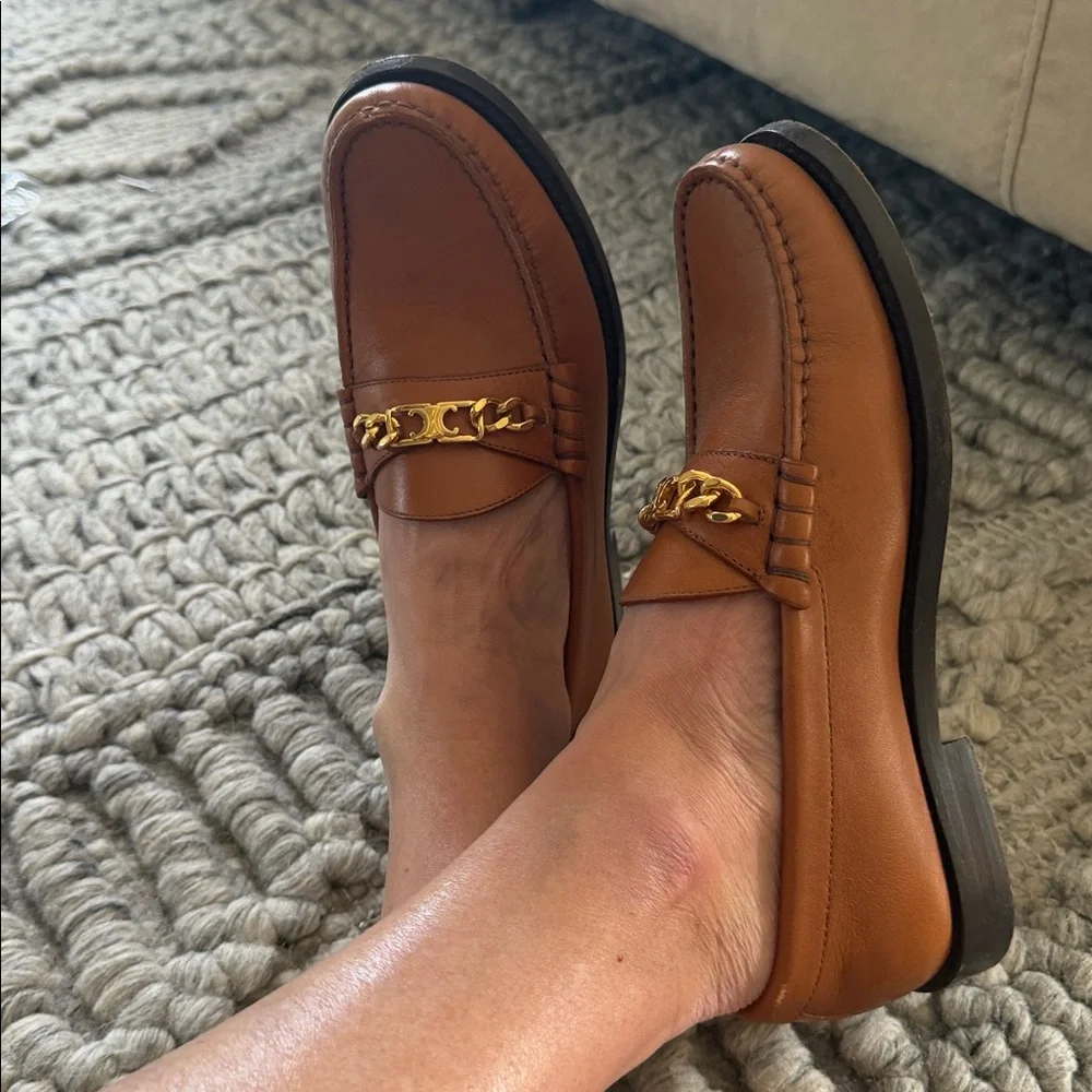 CELINE - Leather Loafers with Gold Chain. AVAIL